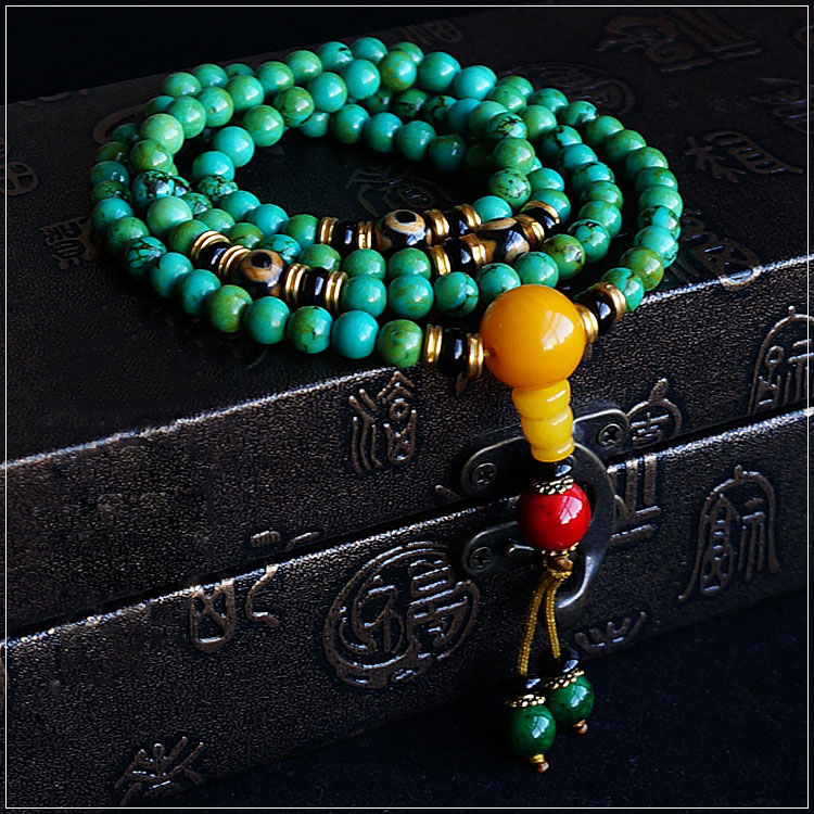 6mm Turquoise And Amber 108 Buddha Beads Bracelet